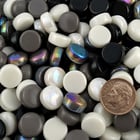 Ant Race Polka Dot Mix recycled glass mosaic tile blend featuring black, charcoal, gray, ivory, and iridescent round glass dots.