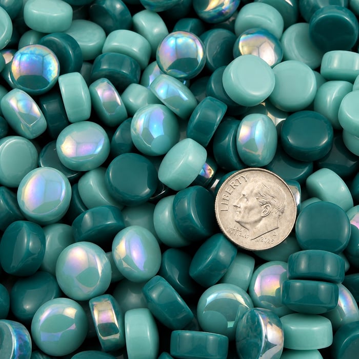 Aquifer Cascade Polka Dot Mix recycled glass mosaic tile blend featuring aqua, teal, seafoam green, and iridescent round glass dots.