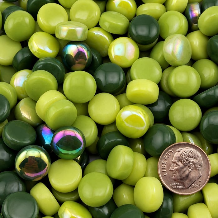 Leprechaun Fields Polka Dot Mix recycled glass mosaic tile blend featuring lime green, emerald green, and deep green round glass dots.
