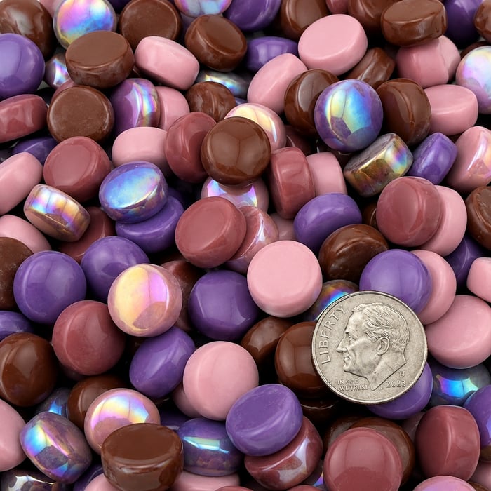 Mulberry Silk Polka Dot Mix recycled glass mosaic tile blend featuring plum, lavender, pink, and cocoa brown round glass dots.