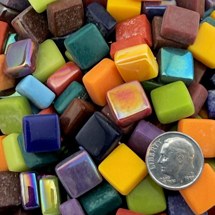 Kaleidoscope Rush Mix recycled glass mosaic tiles in glossy and iridized multicolor tones