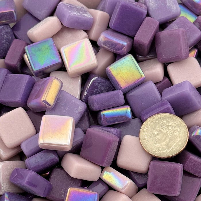 Lilac Lemonade Mix recycled glass mosaic tiles in glossy and iridized lilac and soft pink tones