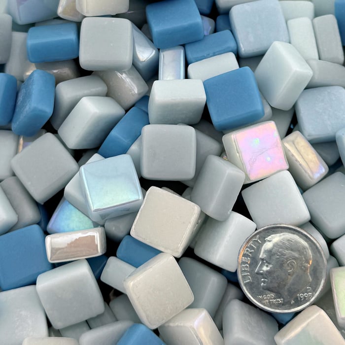Summer Rain Mix recycled glass mosaic tiles in glossy and iridized cool refreshing tones